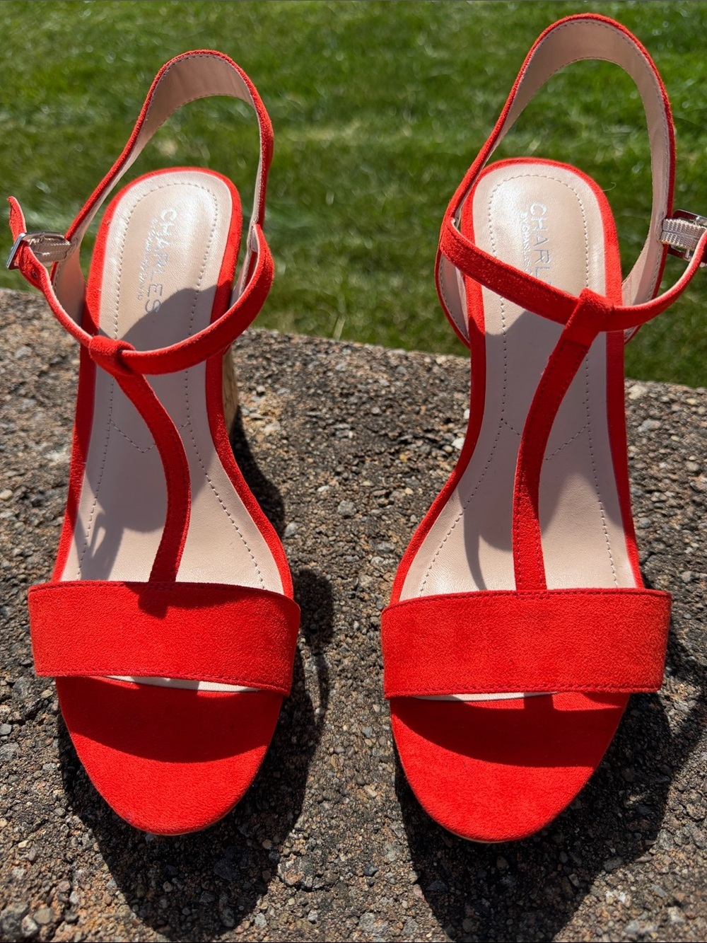 Charles By Charles David Red Suede T-Strap Heels